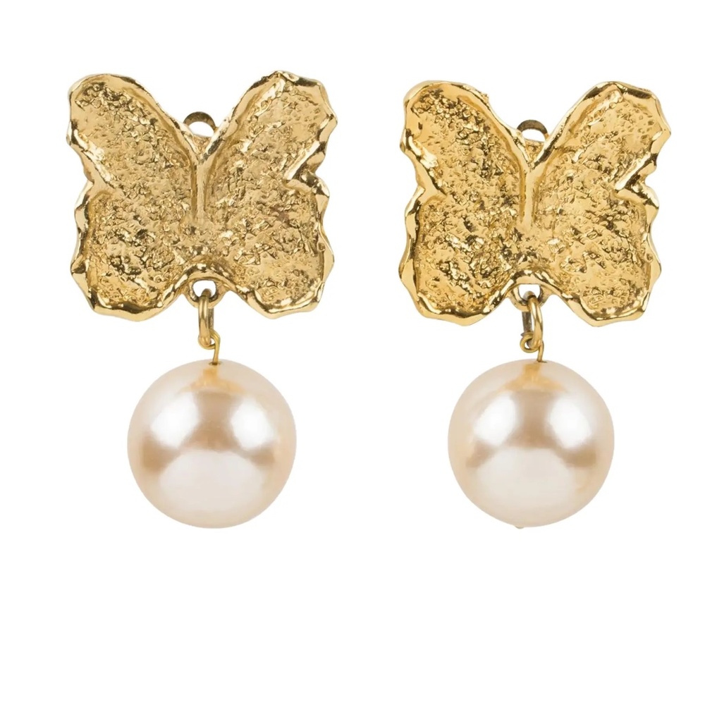 Guy Laroche Gilt Metal Butterfly Clip Earrings with Pink Pearls